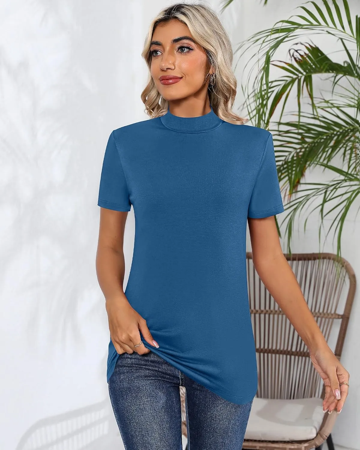 Ficerd 3 Pack Women's Mock Neck Shirts, Short Sleeve Turtleneck Tops Casual Comfy T Shirts Stretch Fitting Trendy Tee Blouse