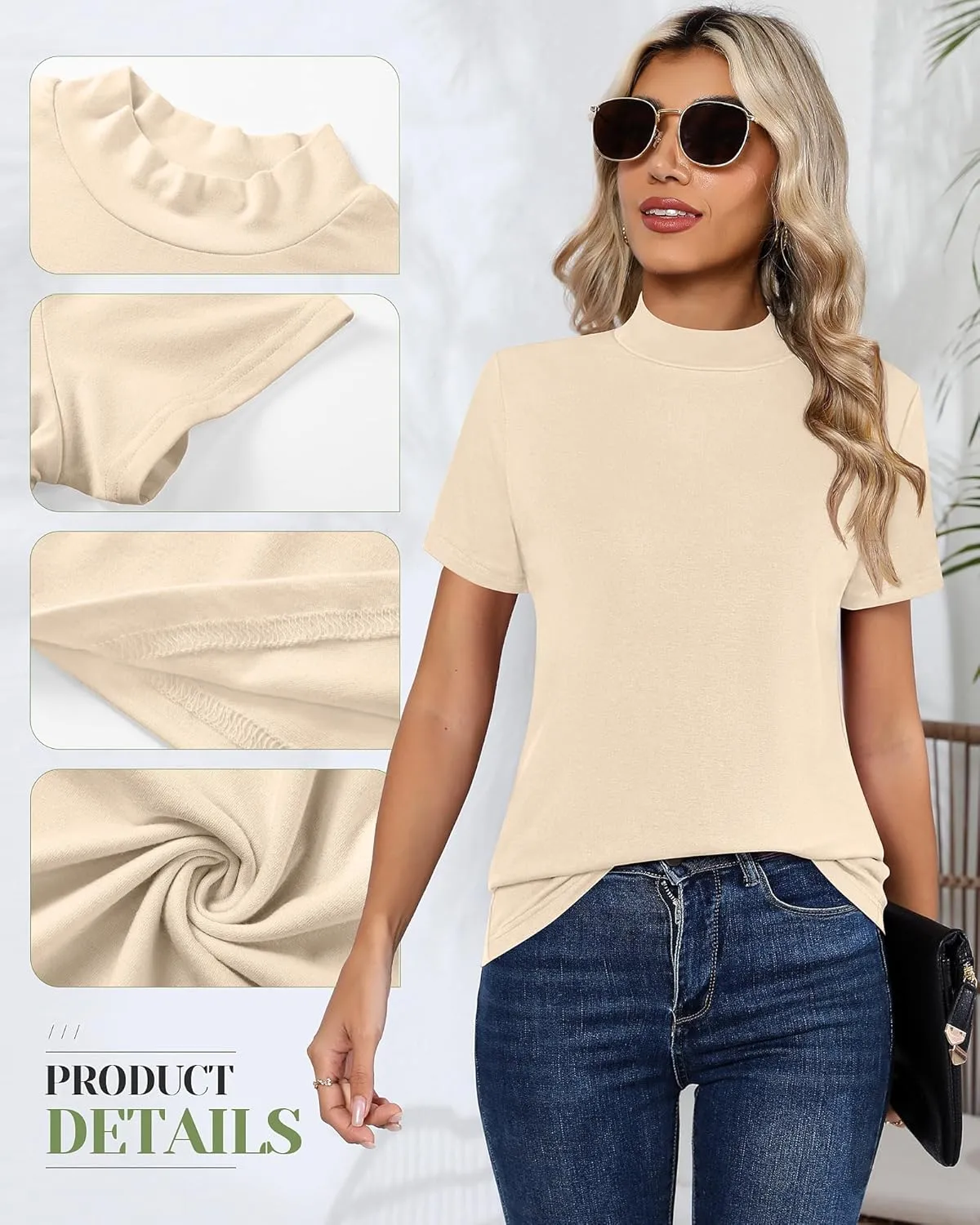 Ficerd 3 Pack Women's Mock Neck Shirts, Short Sleeve Turtleneck Tops Casual Comfy T Shirts Stretch Fitting Trendy Tee Blouse