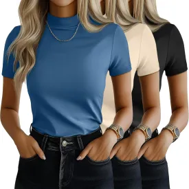 Ficerd 3 Pack Women's Mock Neck Shirts, Short Sleeve Turtleneck Tops Casual Comfy T Shirts Stretch Fitting Trendy Tee Blouse