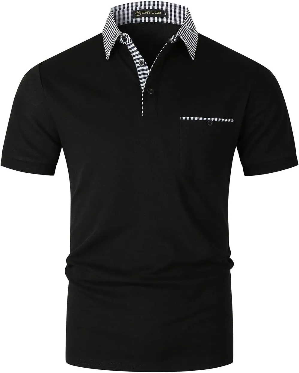 GHYUGR Men's Polo Shirts Short Sleeve Slim Fit Polo Casual Plaid Splice T-Shirts