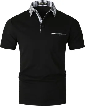 GHYUGR Men's Polo Shirts Short Sleeve Slim Fit Polo Casual Plaid Splice T-Shirts