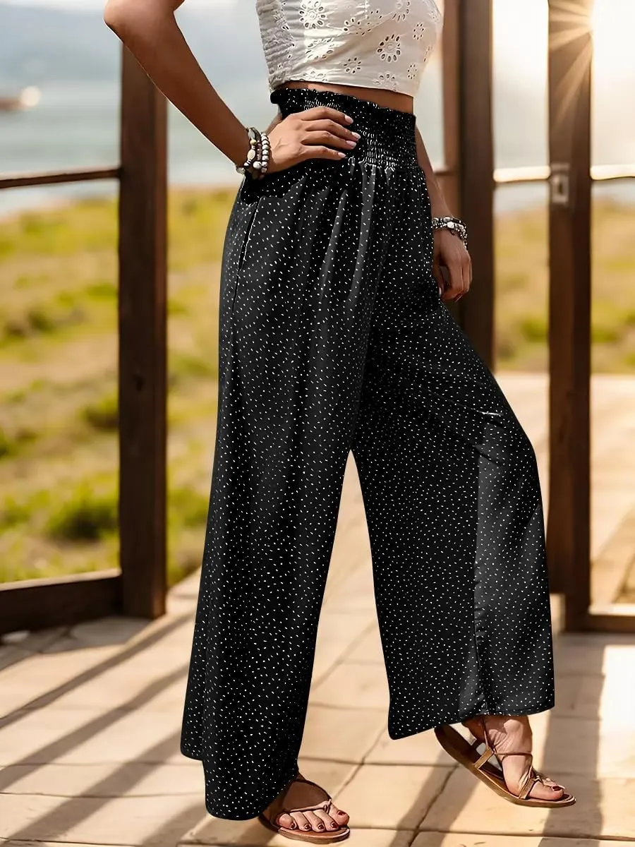 GOBLES Women's Casual Loose Fit Elastic High Waist Band Polka Dot Printed Long Pants with Pockets