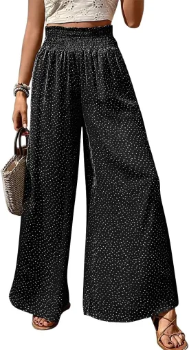 GOBLES Women's Casual Loose Fit Elastic High Waist Band Polka Dot Printed Long Pants with Pockets