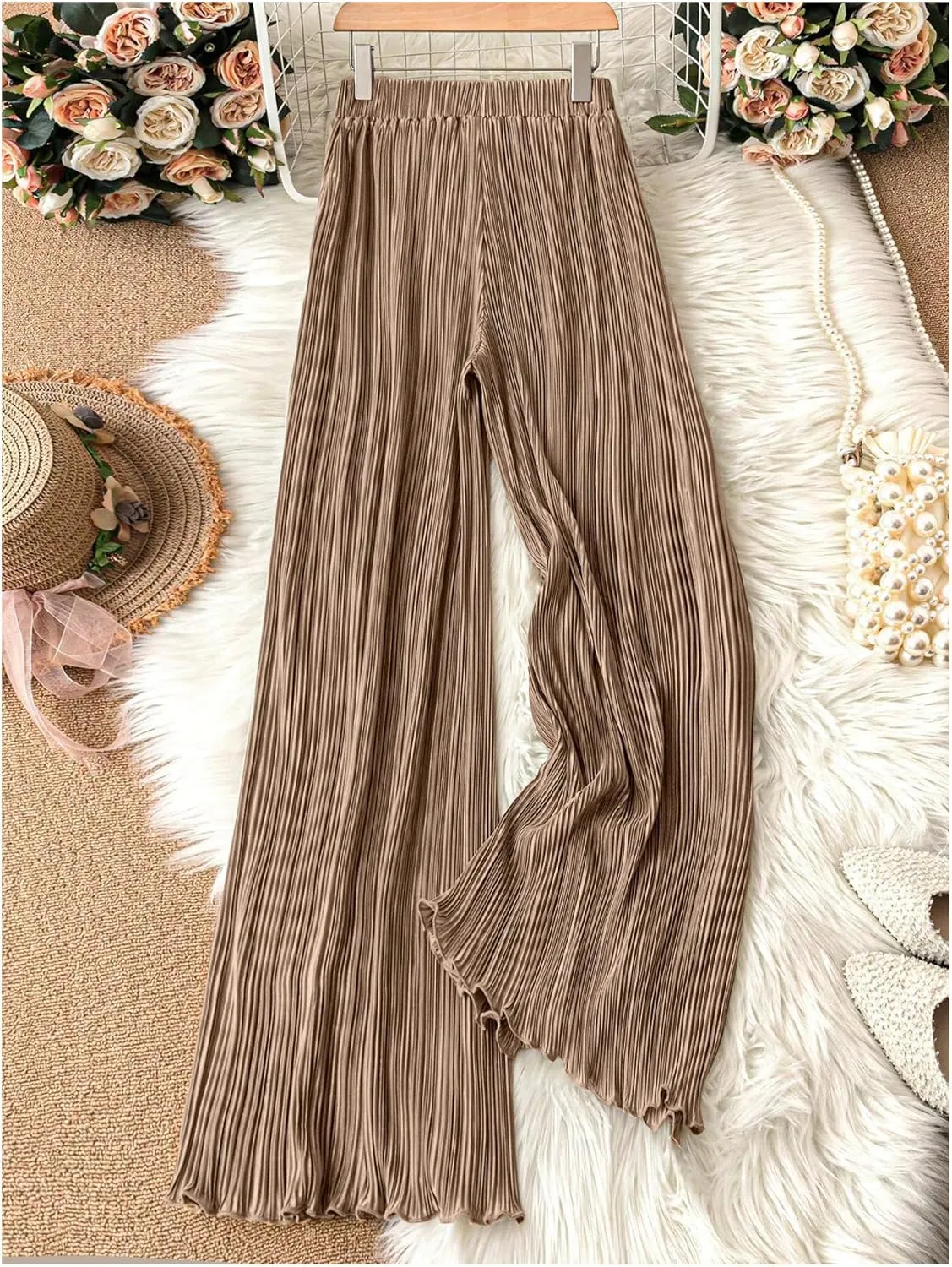 GORGLITTER Women's Pleated Casual Summer Pants High Waist Wide Leg Flowy Track Pant