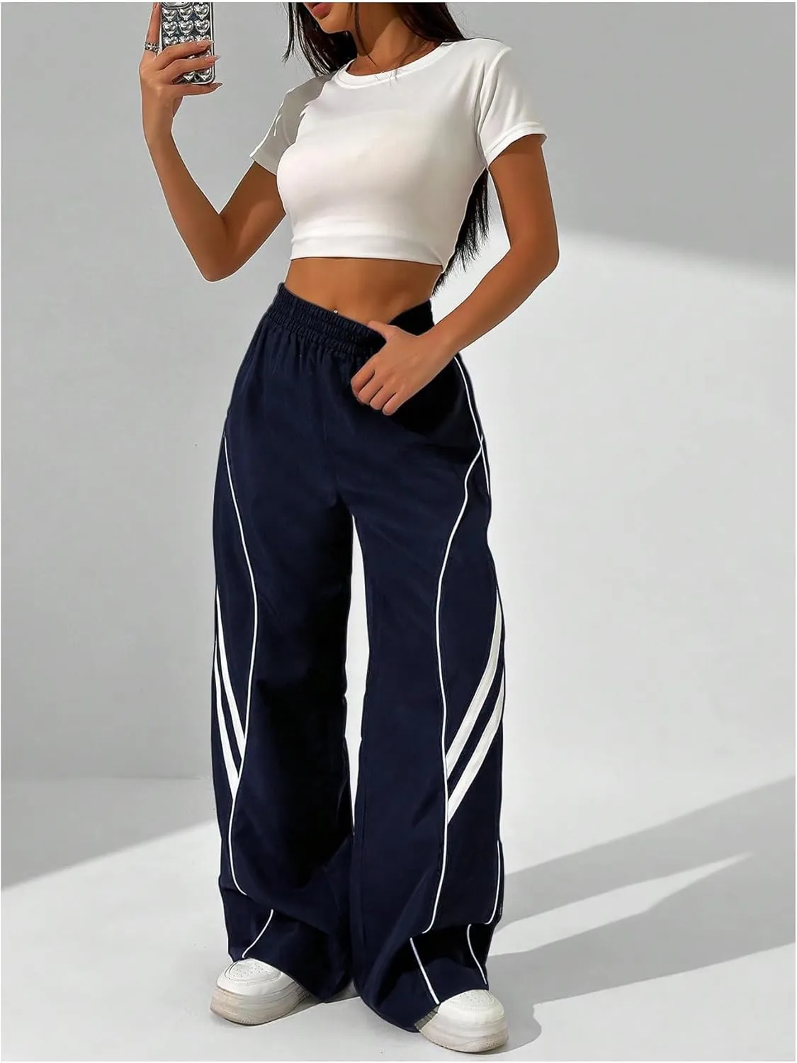 GORGLITTER Women's Wide Leg Track Pants Baggy Y2k High Waisted Dance Parachute Trousers Steertwear