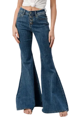 Grace In LA Women's Mid-Rise Flare Buttons Jeans