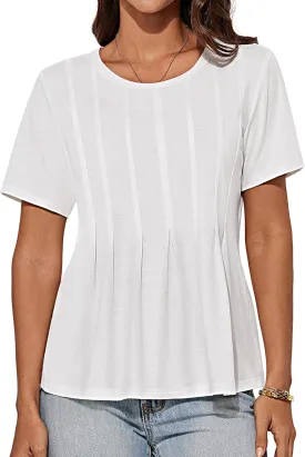 GRACE KARIN Womens Short Sleeve T Shirts Trendy Pleated Dressy Casual Scoop Neck Summer Trendy Stretchy Tunic Top Work Blouse
