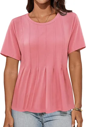 GRACE KARIN Womens Short Sleeve T Shirts Trendy Pleated Dressy Casual Scoop Neck Summer Trendy Stretchy Tunic Top Work Blouse