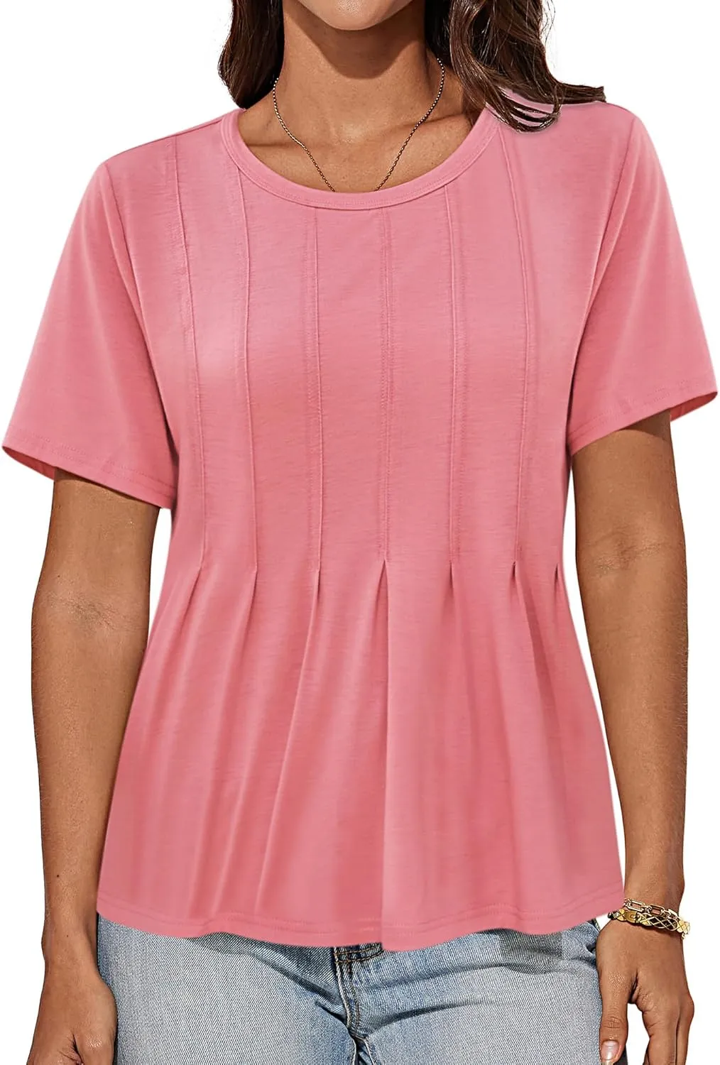 GRACE KARIN Womens Short Sleeve T Shirts Trendy Pleated Dressy Casual Scoop Neck Summer Trendy Stretchy Tunic Top Work Blouse
