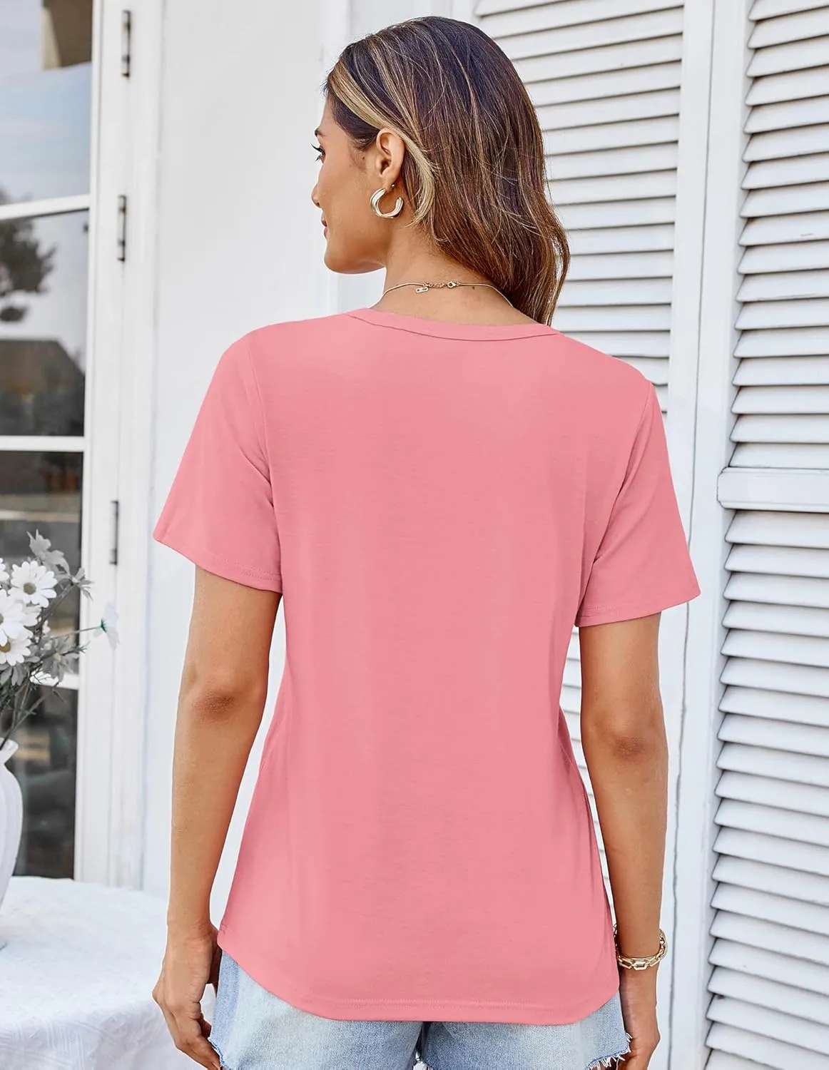 GRACE KARIN Womens Short Sleeve T Shirts Trendy Pleated Dressy Casual Scoop Neck Summer Trendy Stretchy Tunic Top Work Blouse