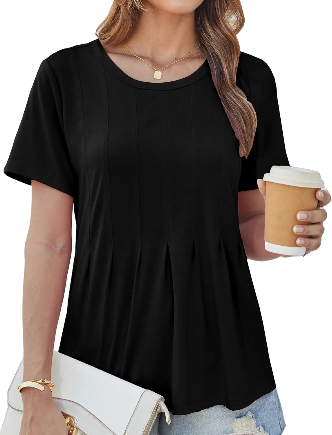 GRACE KARIN Womens Short Sleeve T Shirts Trendy Pleated Dressy Casual Scoop Neck Summer Trendy Stretchy Tunic Top Work Blouse