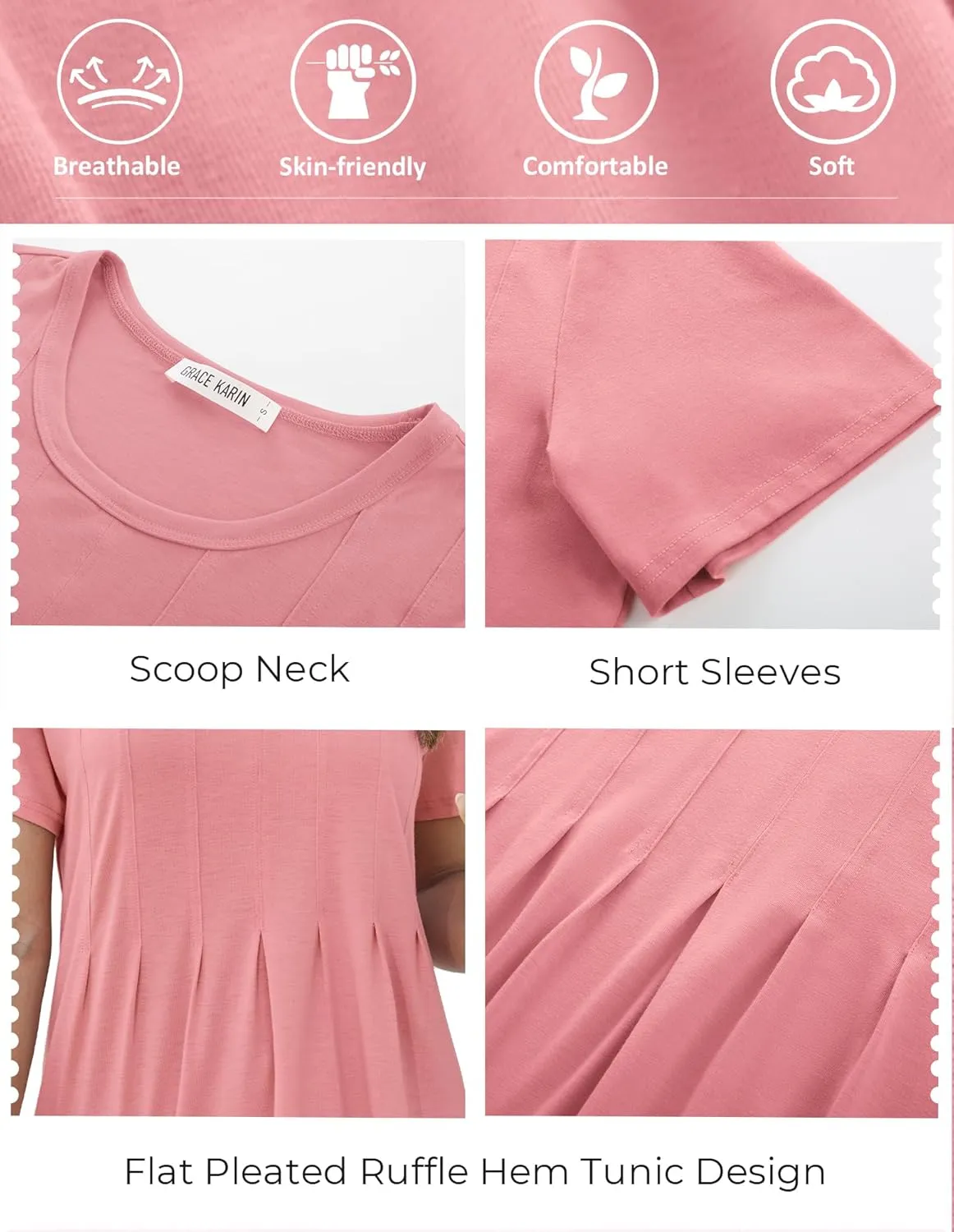 GRACE KARIN Womens Short Sleeve T Shirts Trendy Pleated Dressy Casual Scoop Neck Summer Trendy Stretchy Tunic Top Work Blouse
