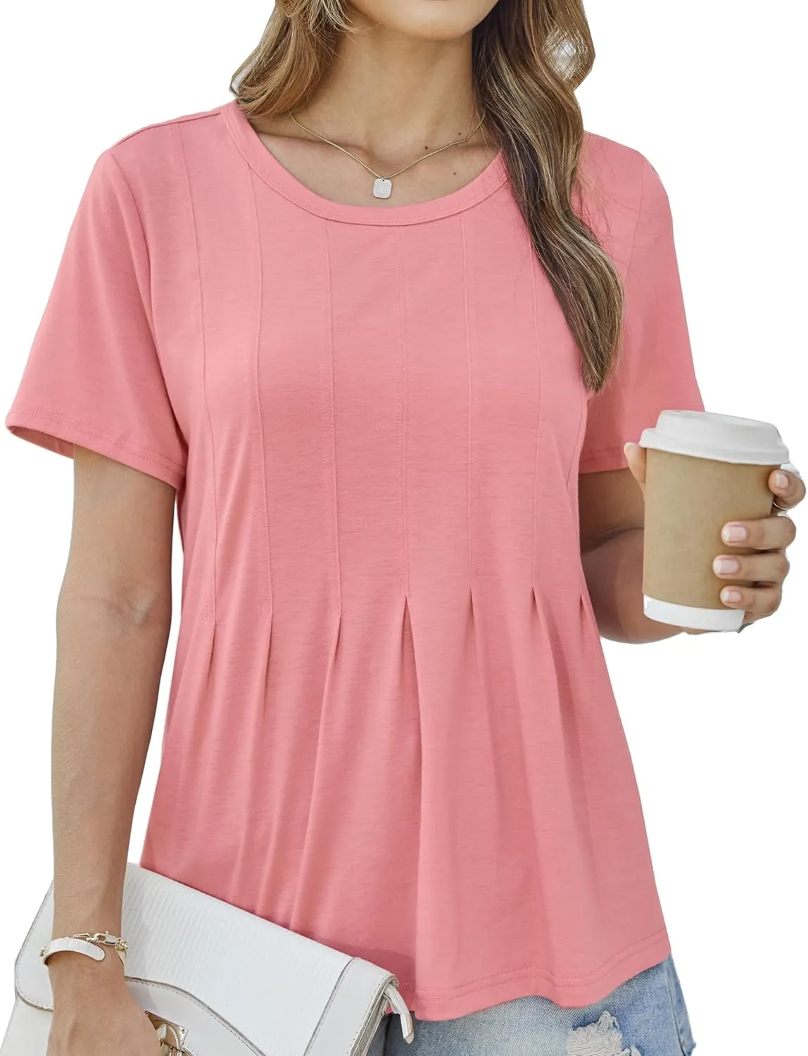 GRACE KARIN Womens Short Sleeve T Shirts Trendy Pleated Dressy Casual Scoop Neck Summer Trendy Stretchy Tunic Top Work Blouse