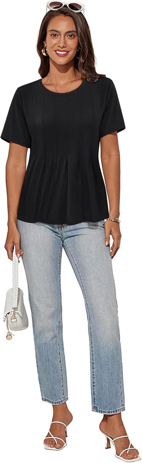 GRACE KARIN Womens Short Sleeve T Shirts Trendy Pleated Dressy Casual Scoop Neck Summer Trendy Stretchy Tunic Top Work Blouse