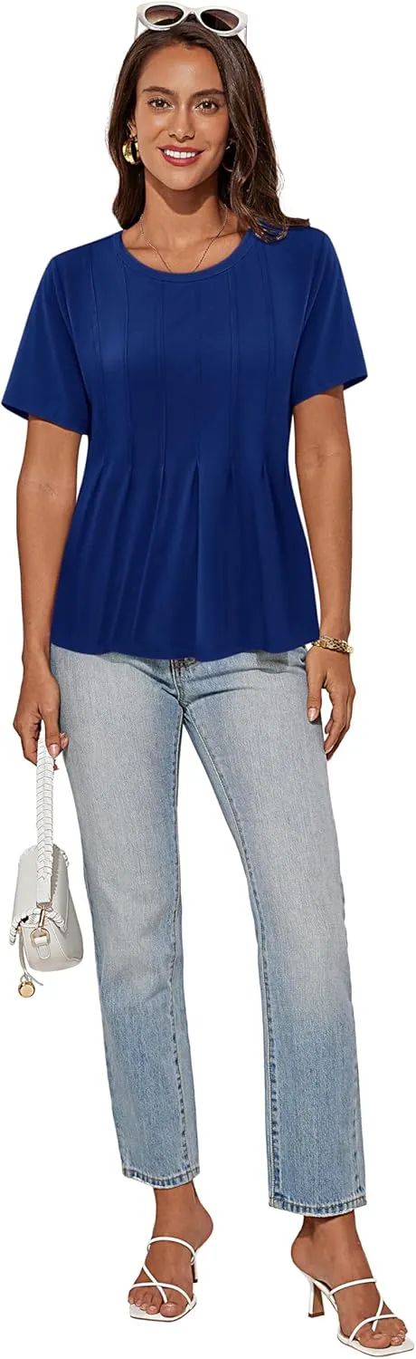 GRACE KARIN Womens Short Sleeve T Shirts Trendy Pleated Dressy Casual Scoop Neck Summer Trendy Stretchy Tunic Top Work Blouse