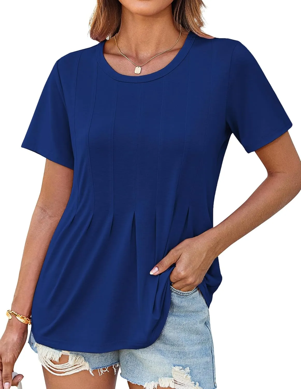 GRACE KARIN Womens Short Sleeve T Shirts Trendy Pleated Dressy Casual Scoop Neck Summer Trendy Stretchy Tunic Top Work Blouse