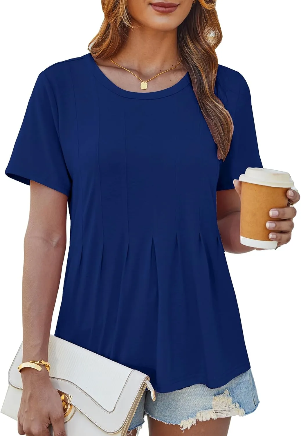 GRACE KARIN Womens Short Sleeve T Shirts Trendy Pleated Dressy Casual Scoop Neck Summer Trendy Stretchy Tunic Top Work Blouse
