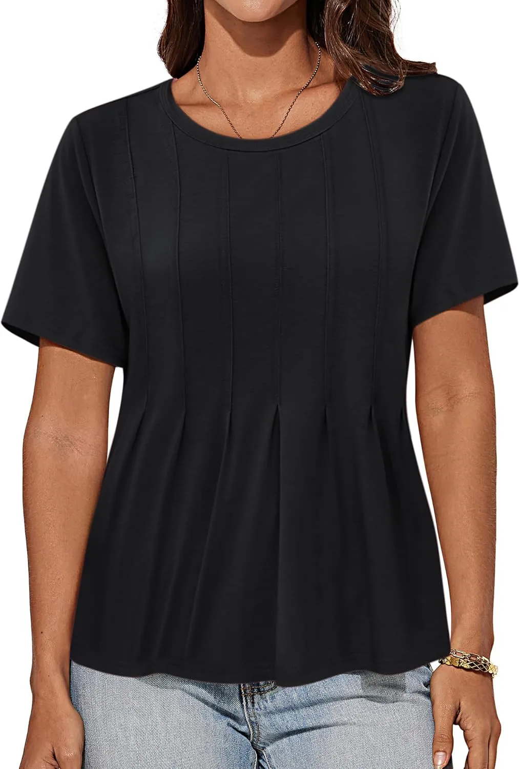 GRACE KARIN Womens Short Sleeve T Shirts Trendy Pleated Dressy Casual Scoop Neck Summer Trendy Stretchy Tunic Top Work Blouse