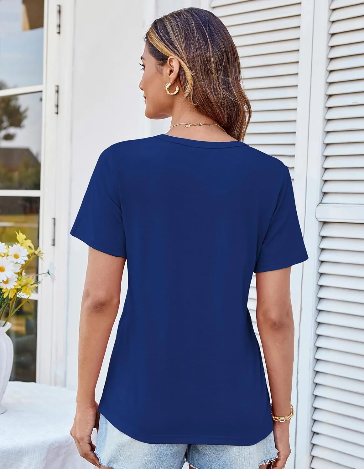 GRACE KARIN Womens Short Sleeve T Shirts Trendy Pleated Dressy Casual Scoop Neck Summer Trendy Stretchy Tunic Top Work Blouse