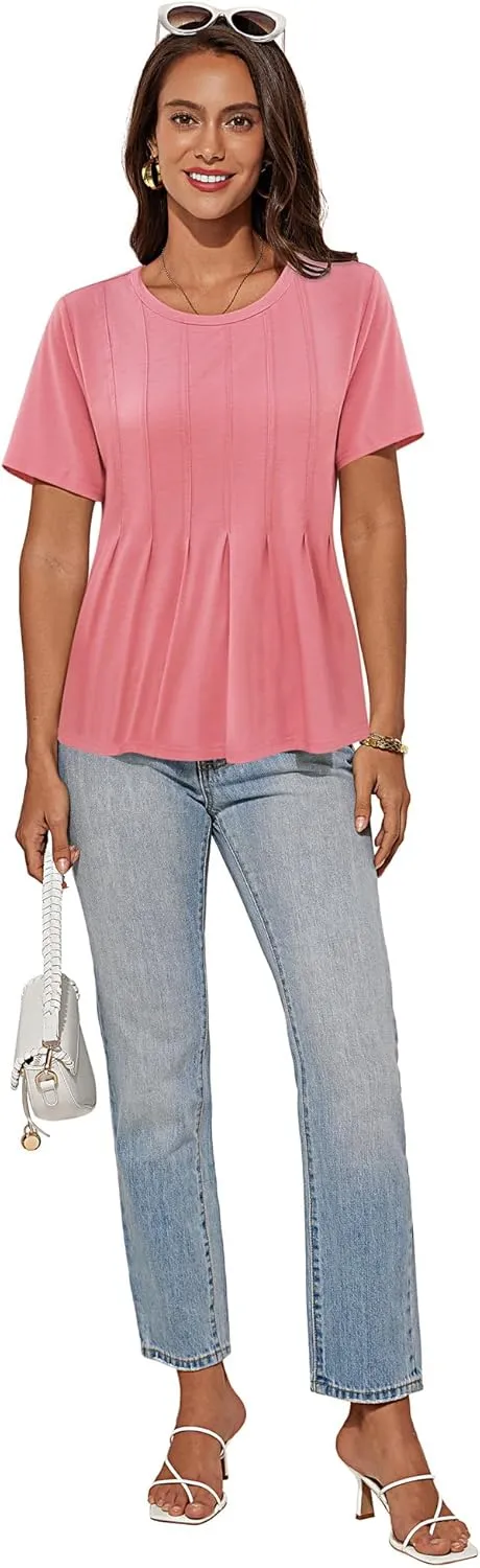 GRACE KARIN Womens Short Sleeve T Shirts Trendy Pleated Dressy Casual Scoop Neck Summer Trendy Stretchy Tunic Top Work Blouse