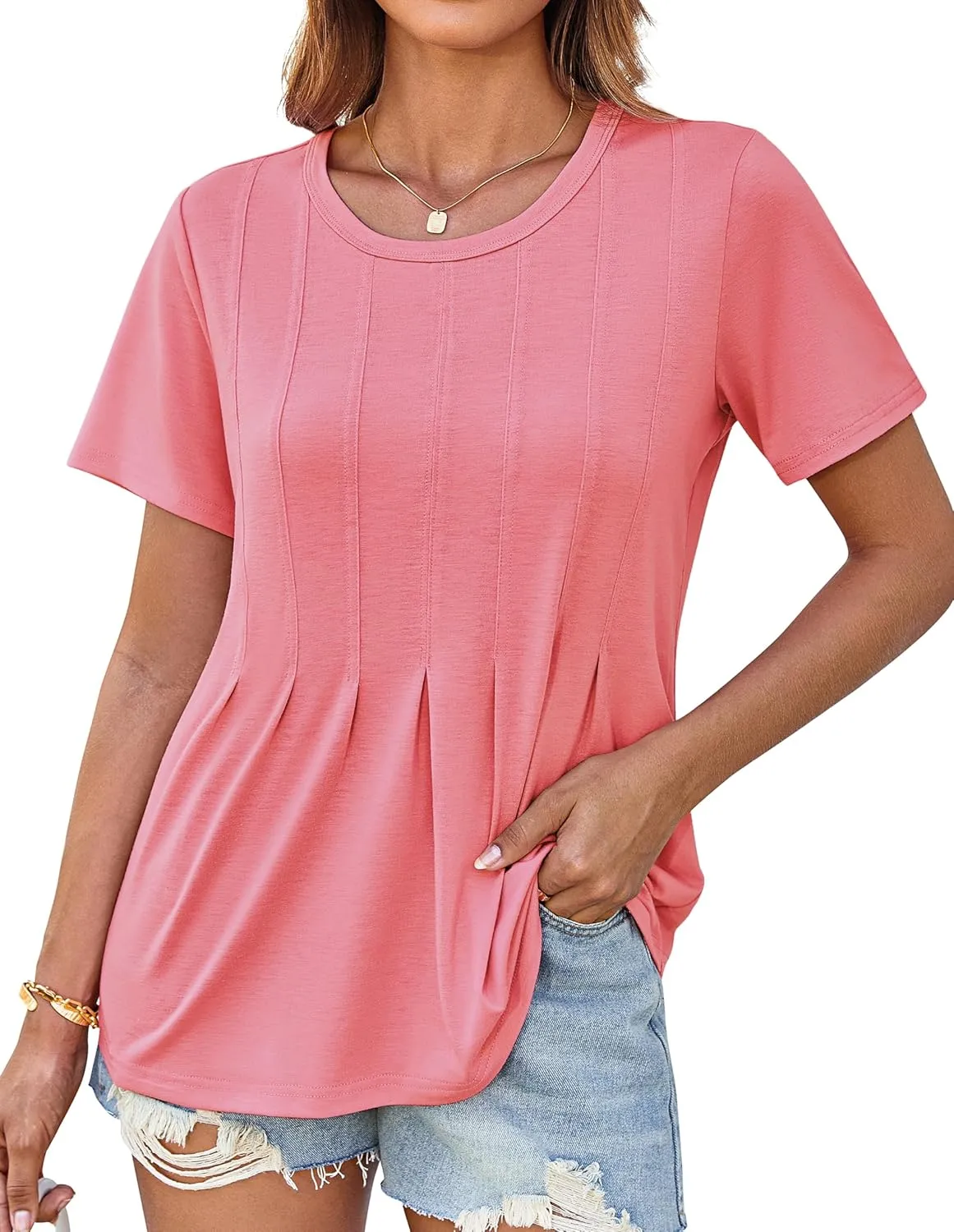 GRACE KARIN Womens Short Sleeve T Shirts Trendy Pleated Dressy Casual Scoop Neck Summer Trendy Stretchy Tunic Top Work Blouse