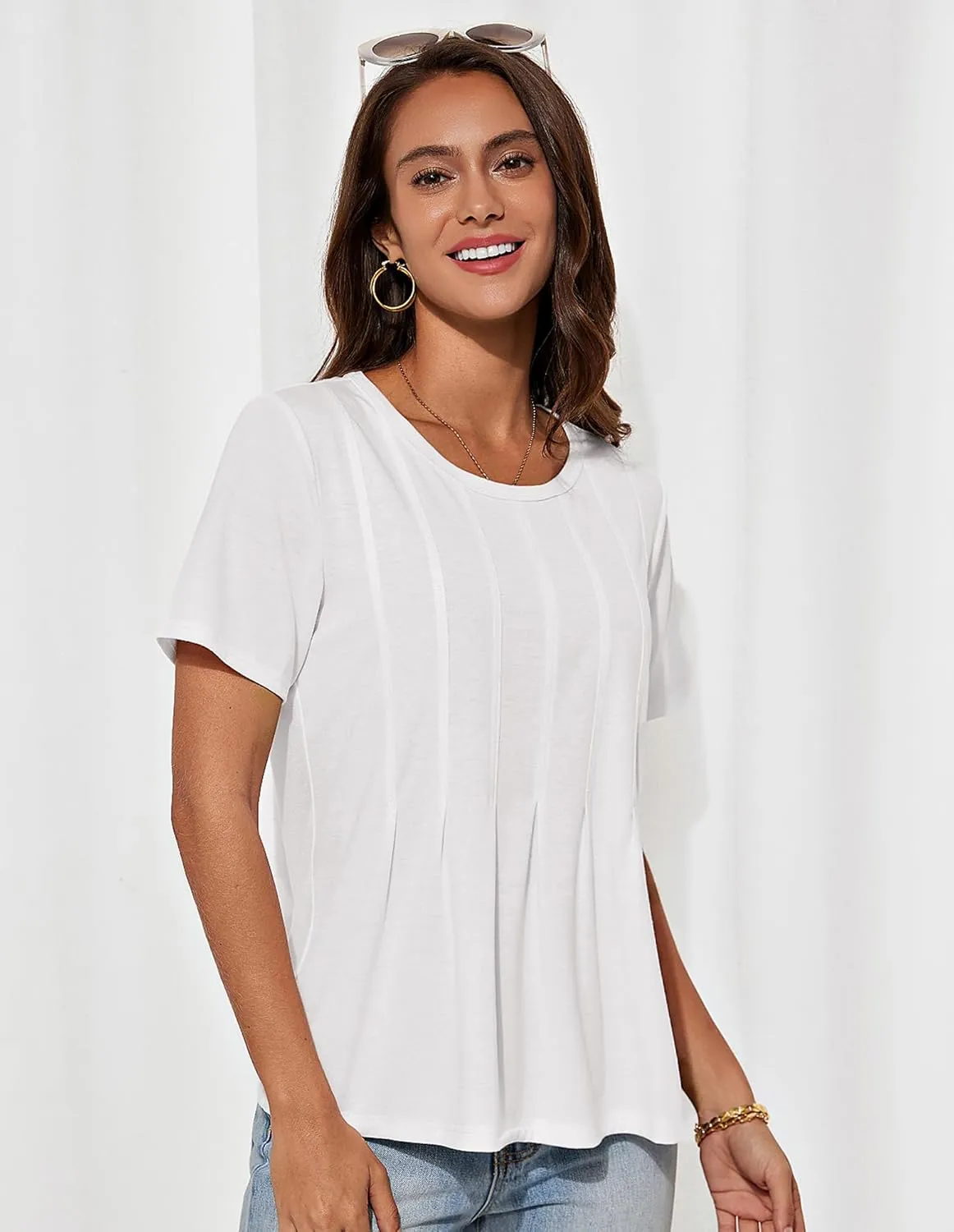 GRACE KARIN Womens Short Sleeve T Shirts Trendy Pleated Dressy Casual Scoop Neck Summer Trendy Stretchy Tunic Top Work Blouse