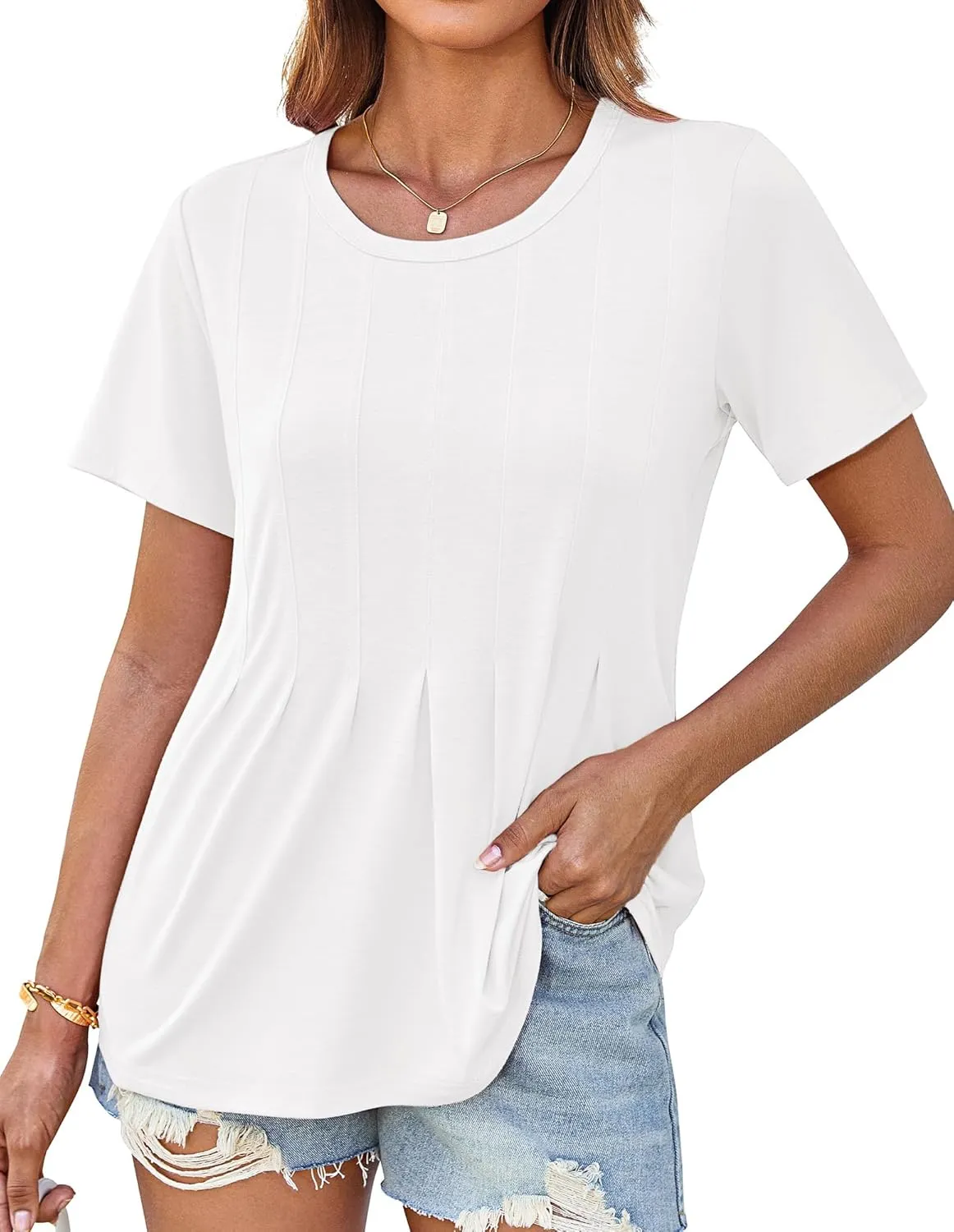 GRACE KARIN Womens Short Sleeve T Shirts Trendy Pleated Dressy Casual Scoop Neck Summer Trendy Stretchy Tunic Top Work Blouse