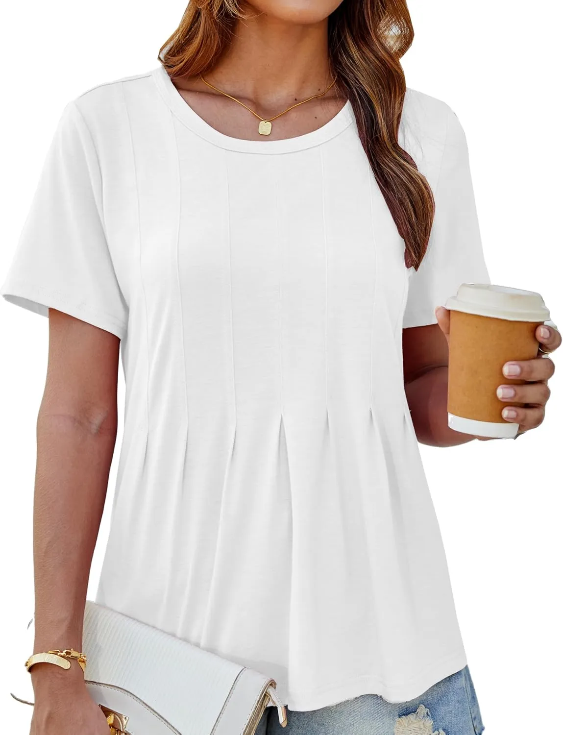 GRACE KARIN Womens Short Sleeve T Shirts Trendy Pleated Dressy Casual Scoop Neck Summer Trendy Stretchy Tunic Top Work Blouse