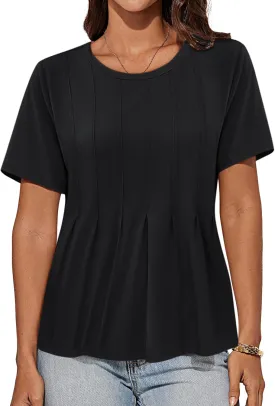 GRACE KARIN Womens Short Sleeve T Shirts Trendy Pleated Dressy Casual Scoop Neck Summer Trendy Stretchy Tunic Top Work Blouse