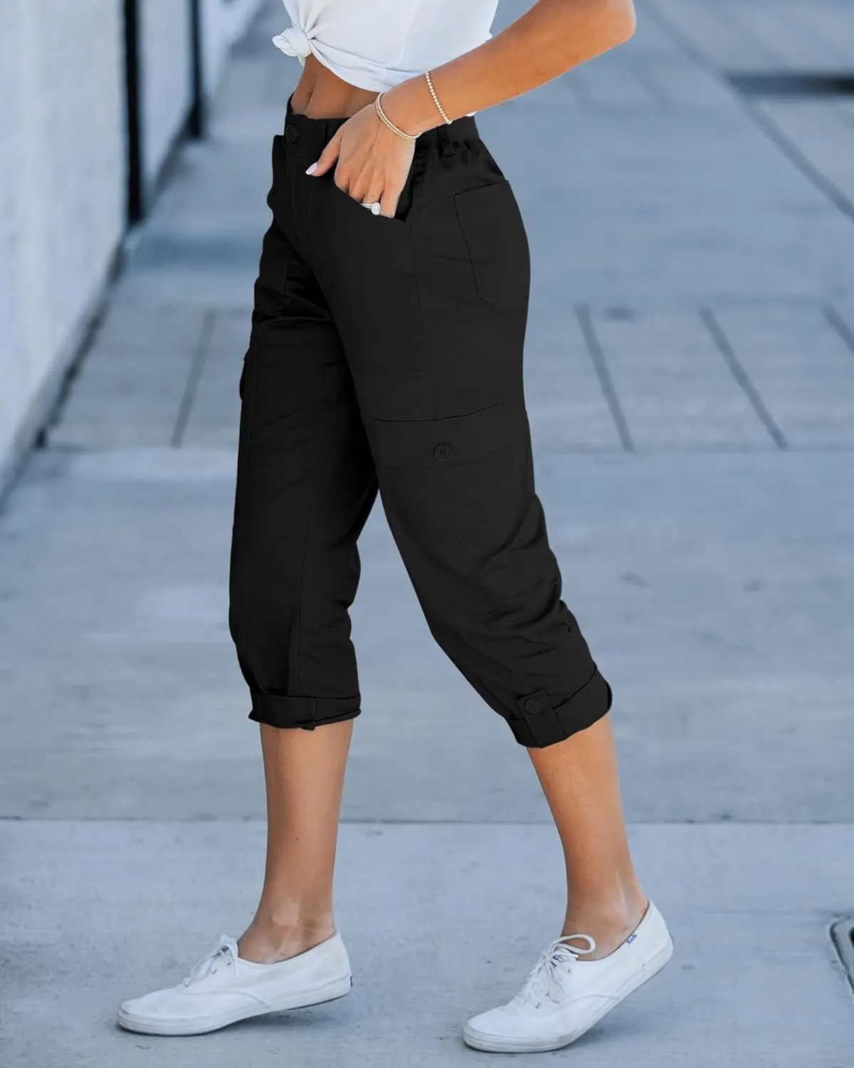 GRAPENT Cargo Capri Pants for Women High Waisted Relaxed Fit Elastic Knit Waist Casual Capris Trousers Cropped Pants