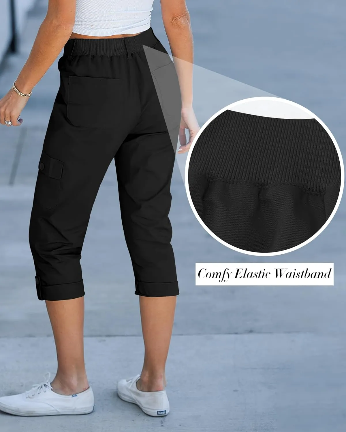 GRAPENT Cargo Capri Pants for Women High Waisted Relaxed Fit Elastic Knit Waist Casual Capris Trousers Cropped Pants