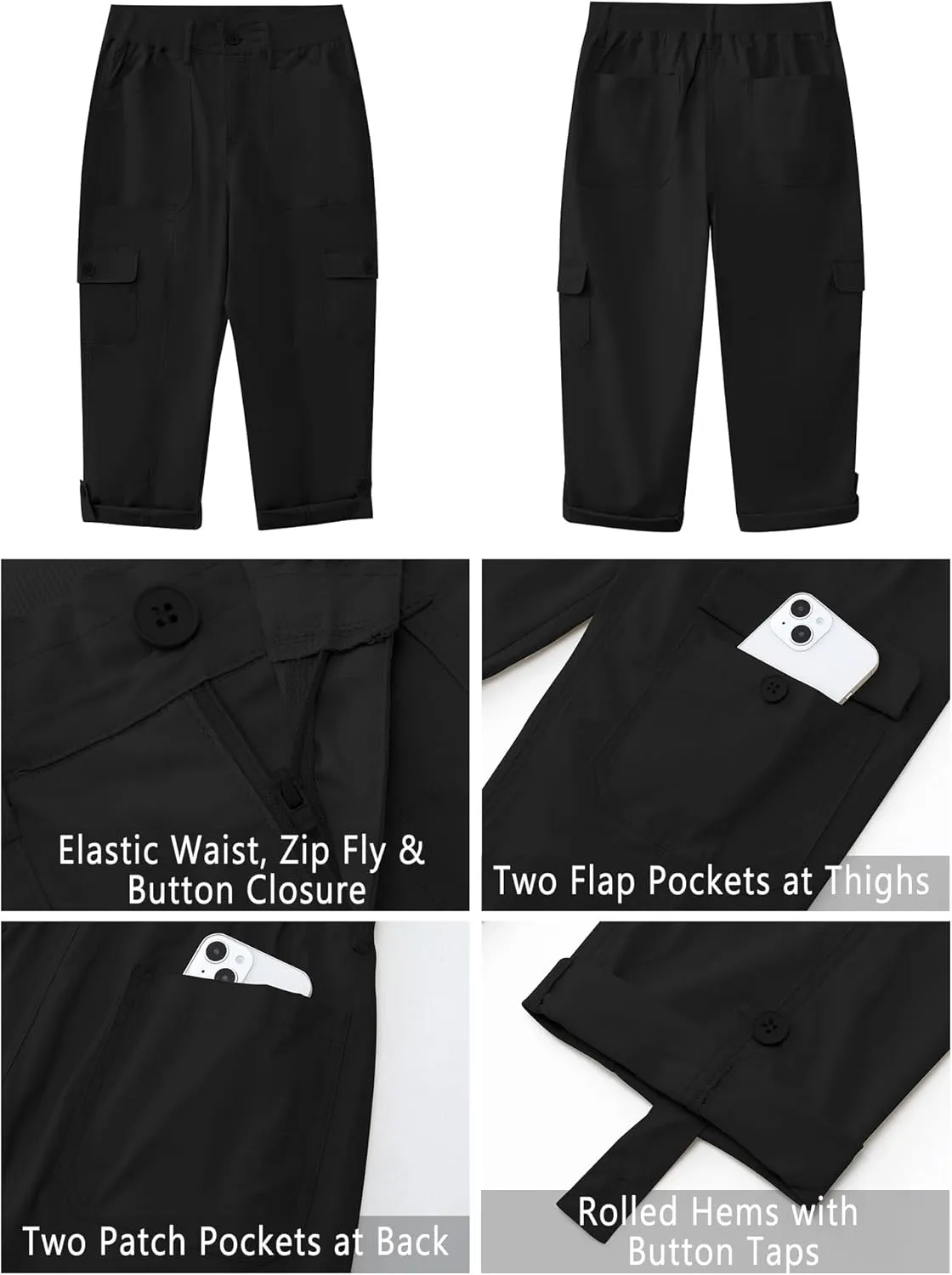 GRAPENT Cargo Capri Pants for Women High Waisted Relaxed Fit Elastic Knit Waist Casual Capris Trousers Cropped Pants