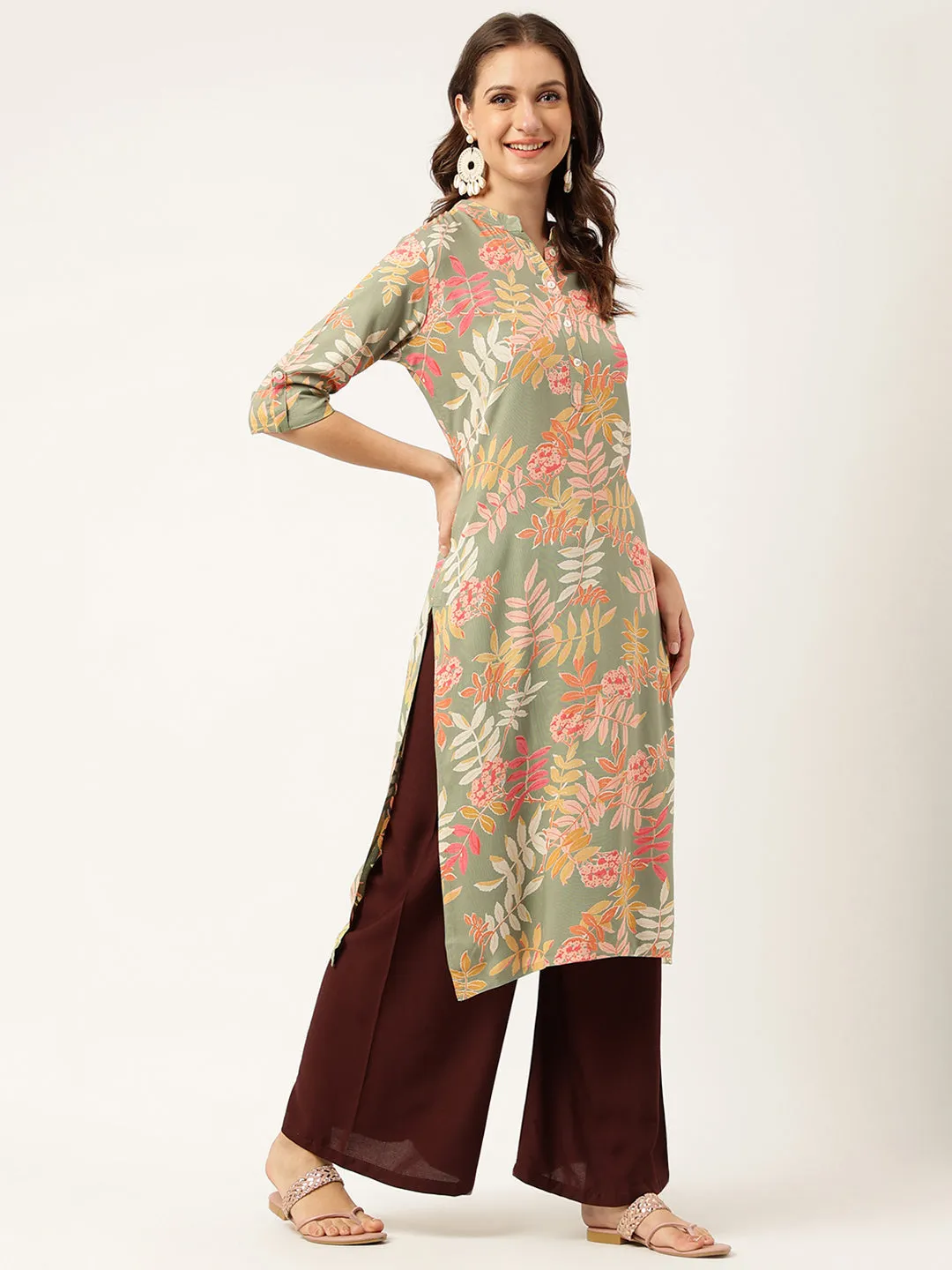 Green Floral Digital Printed Straight Fold Sleeve Kurta