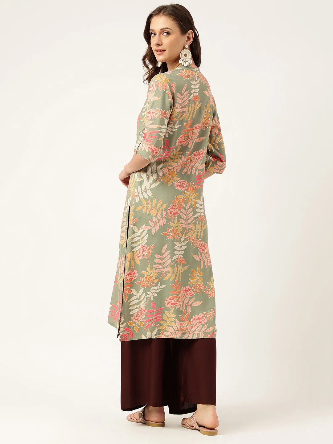 Green Floral Digital Printed Straight Fold Sleeve Kurta