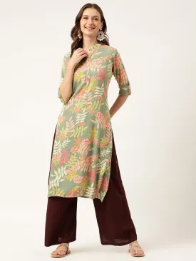 Green Floral Digital Printed Straight Fold Sleeve Kurta