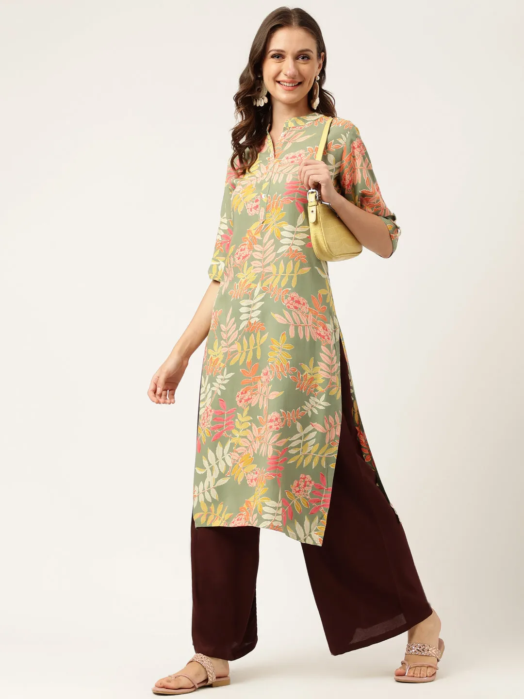 Green Floral Digital Printed Straight Fold Sleeve Kurta