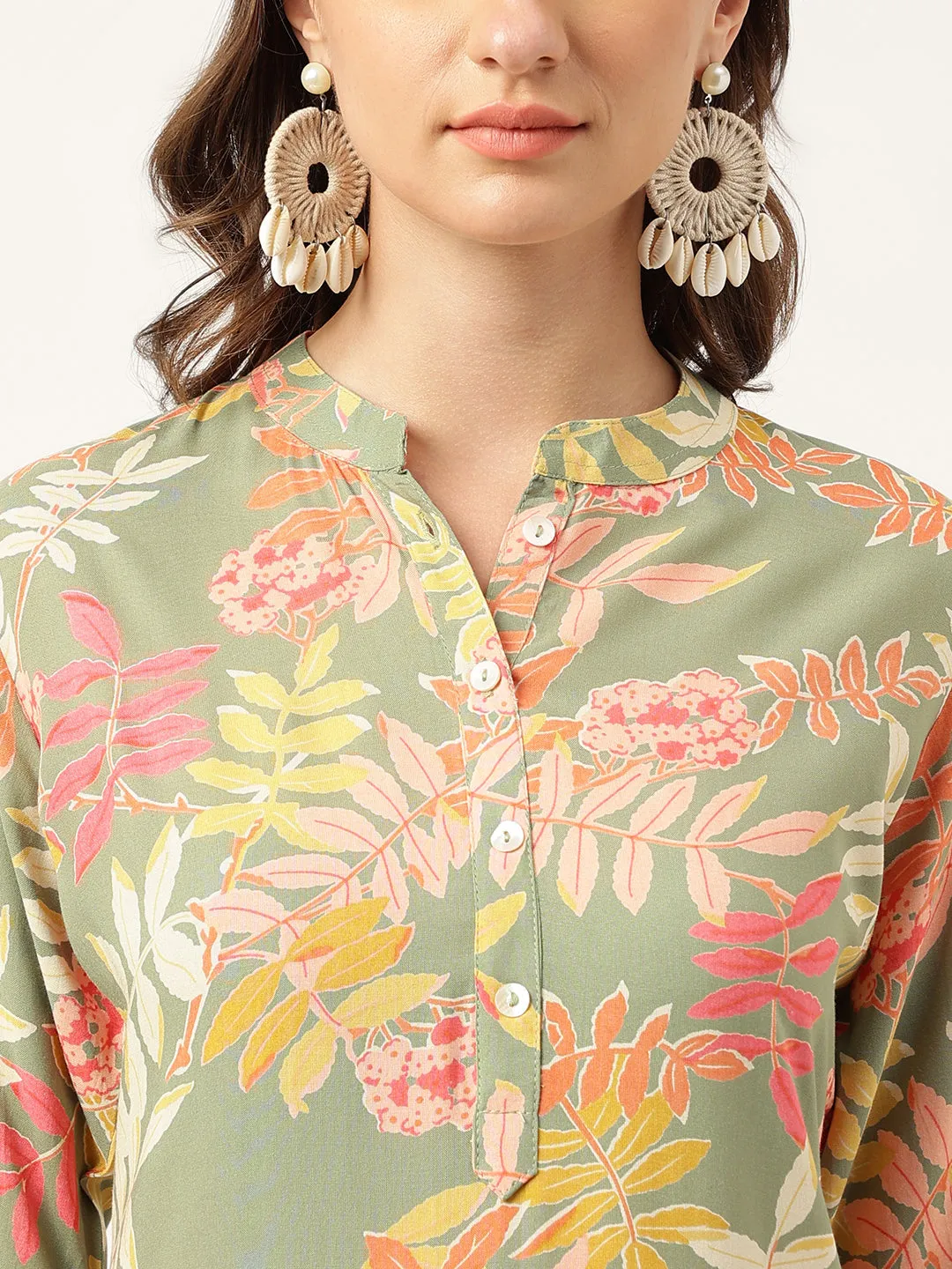 Green Floral Digital Printed Straight Fold Sleeve Kurta