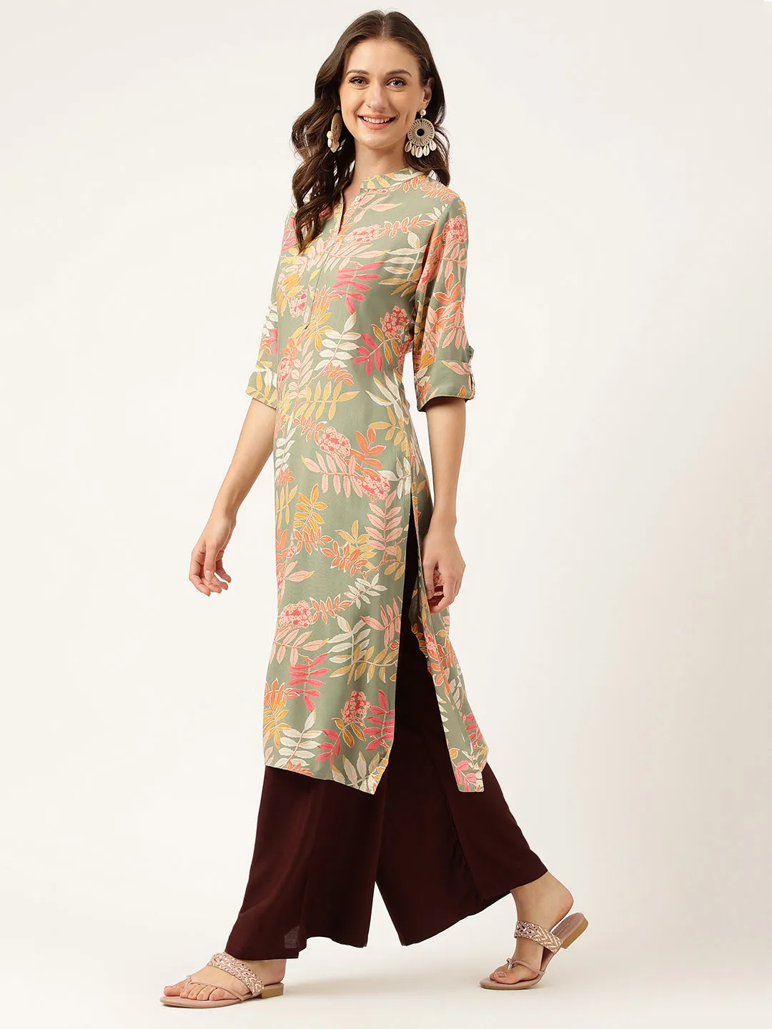 Green Floral Digital Printed Straight Fold Sleeve Kurta