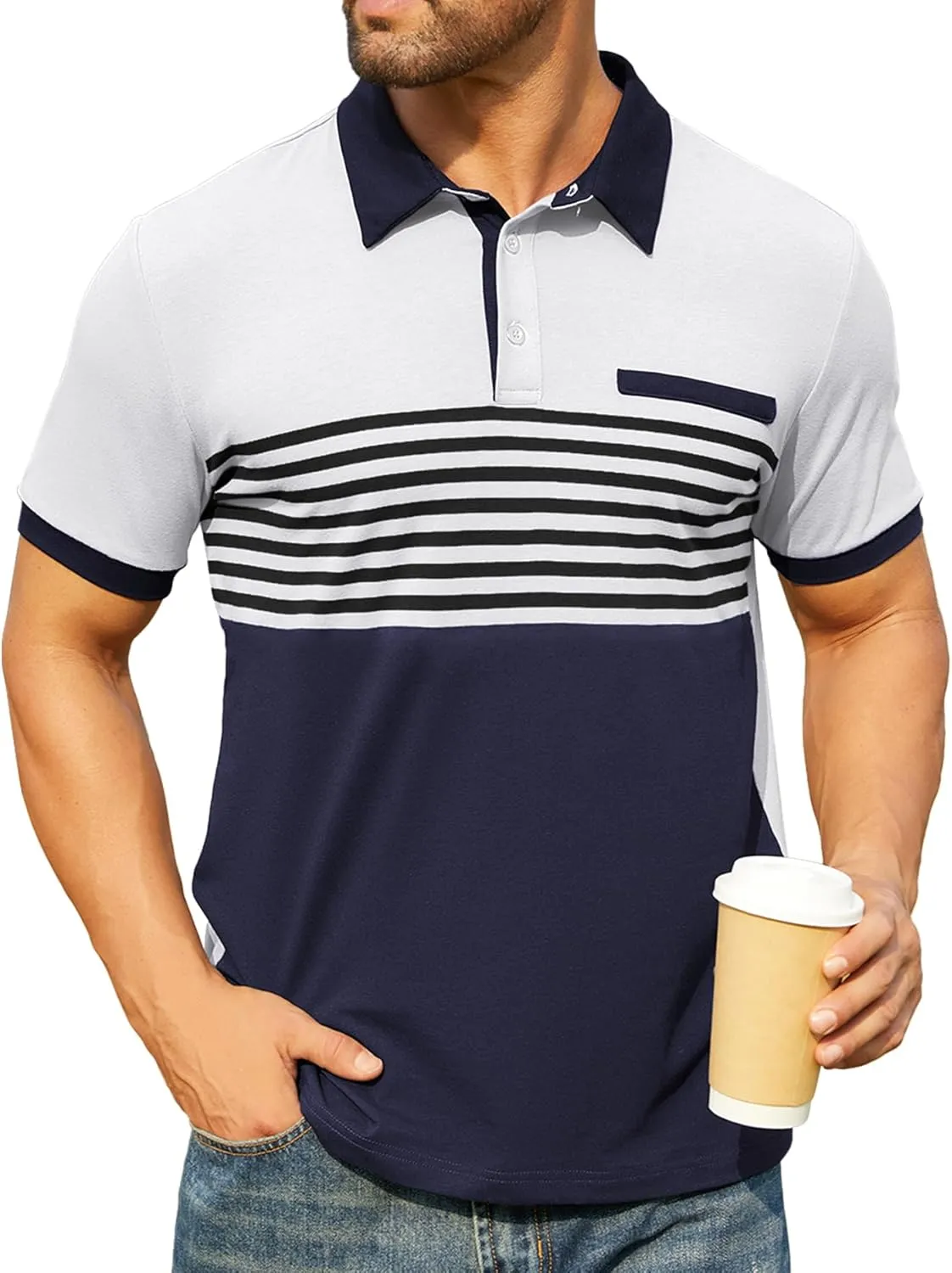 Hardaddy Men's Striped Polo Shirt Short Sleeve Casual Color Block Graphic Tee Collared Golf Shirts for Men