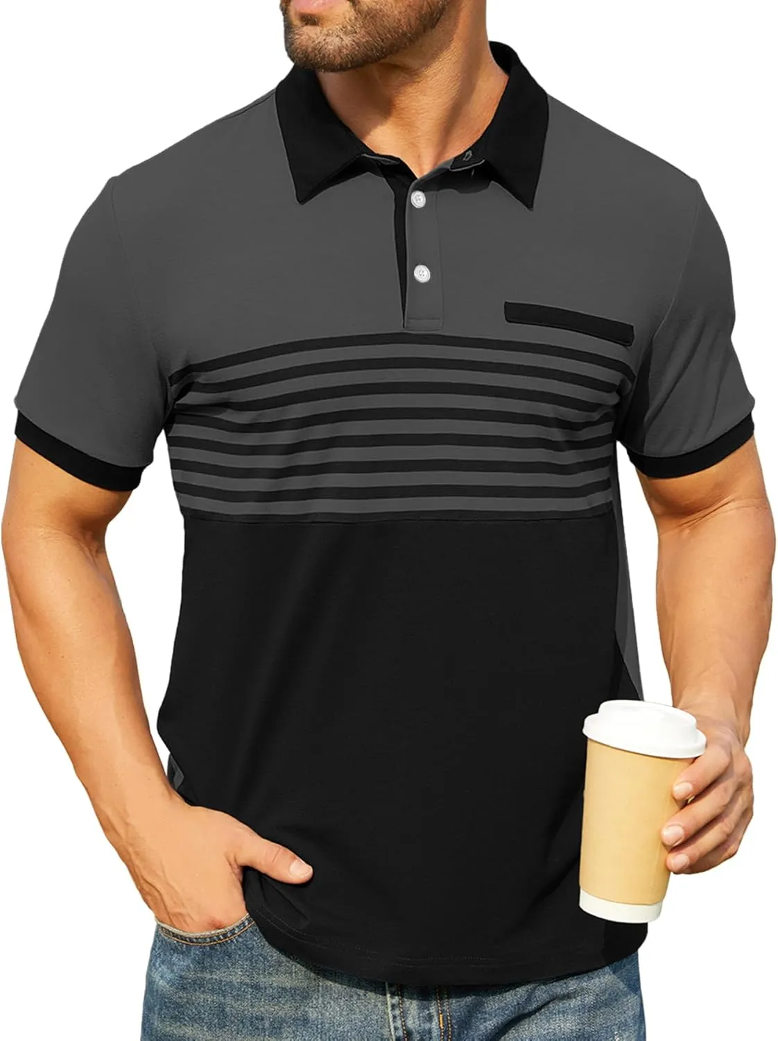 Hardaddy Men's Striped Polo Shirt Short Sleeve Casual Color Block Graphic Tee Collared Golf Shirts for Men