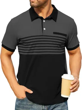 Hardaddy Men's Striped Polo Shirt Short Sleeve Casual Color Block Graphic Tee Collared Golf Shirts for Men