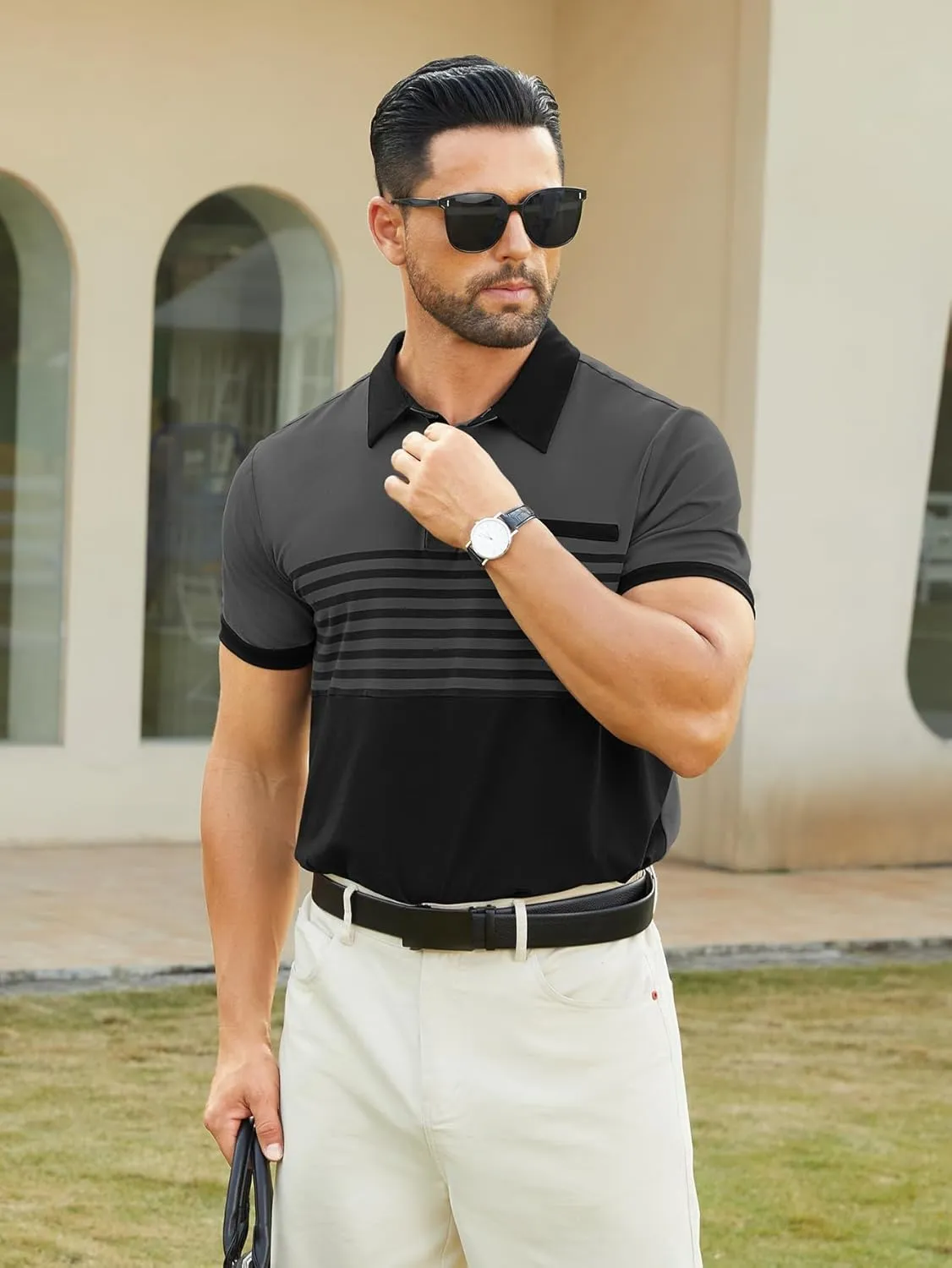 Hardaddy Men's Striped Polo Shirt Short Sleeve Casual Color Block Graphic Tee Collared Golf Shirts for Men
