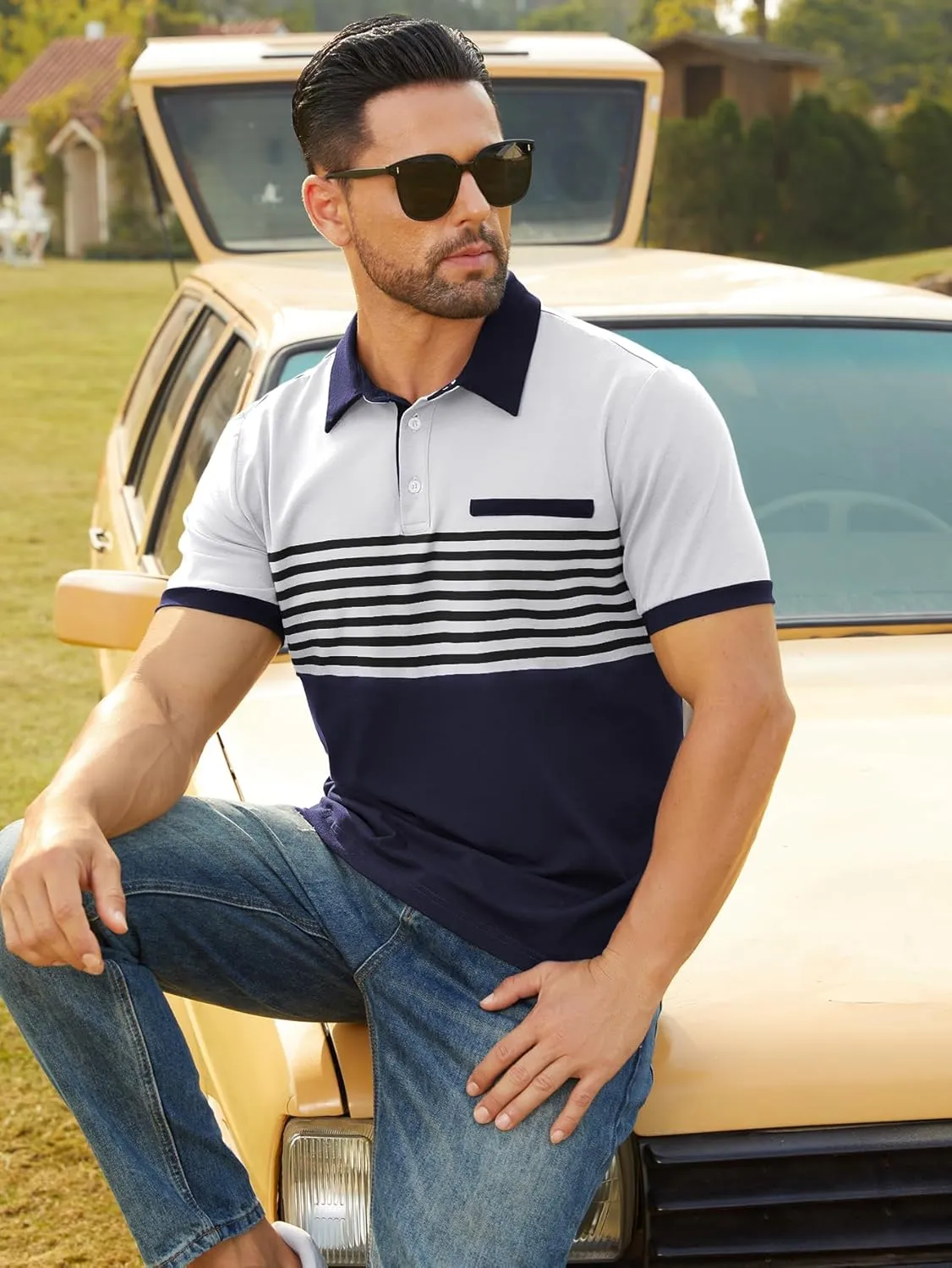 Hardaddy Men's Striped Polo Shirt Short Sleeve Casual Color Block Graphic Tee Collared Golf Shirts for Men
