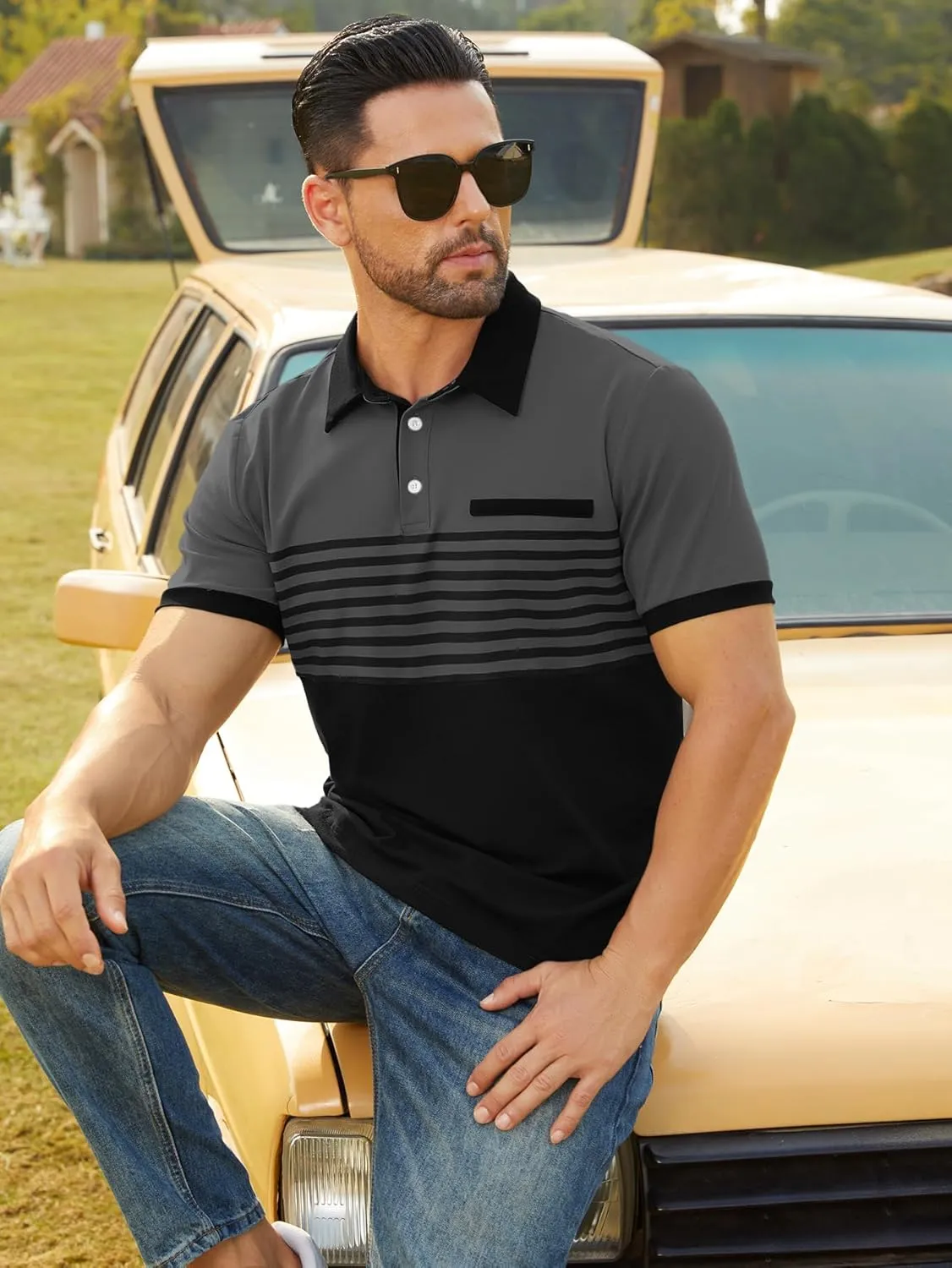 Hardaddy Men's Striped Polo Shirt Short Sleeve Casual Color Block Graphic Tee Collared Golf Shirts for Men
