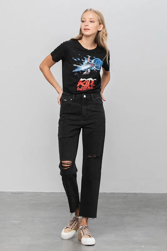 High Waist Ripped Raw Hem Crop Straight Jeans -online exclusive