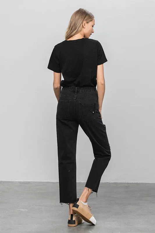High Waist Ripped Raw Hem Crop Straight Jeans -online exclusive