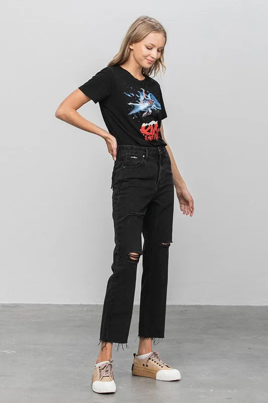 High Waist Ripped Raw Hem Crop Straight Jeans -online exclusive