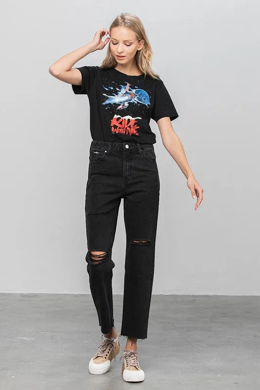 High Waist Ripped Raw Hem Crop Straight Jeans -online exclusive
