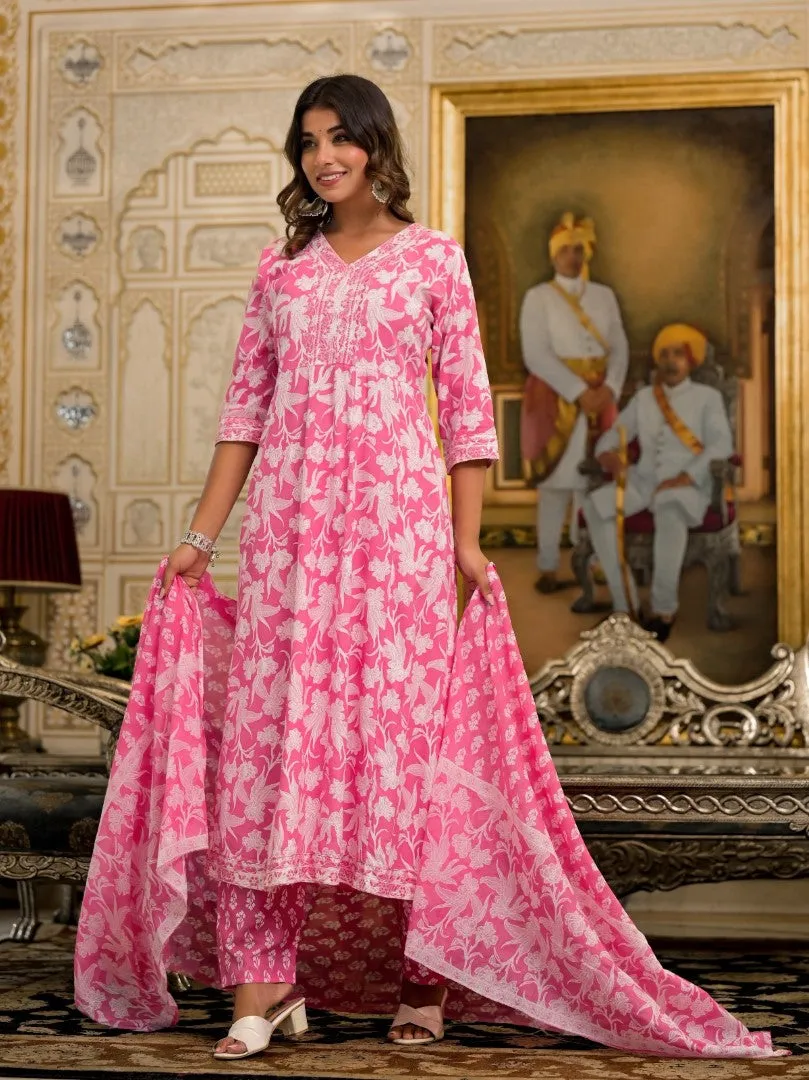 Juniper Pink Floral Printed Liva Rayon Kurta Set With Thread & Mirror Work