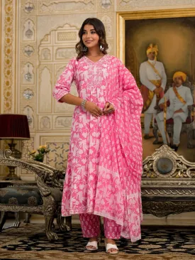 Juniper Pink Floral Printed Liva Rayon Kurta Set With Thread & Mirror Work
